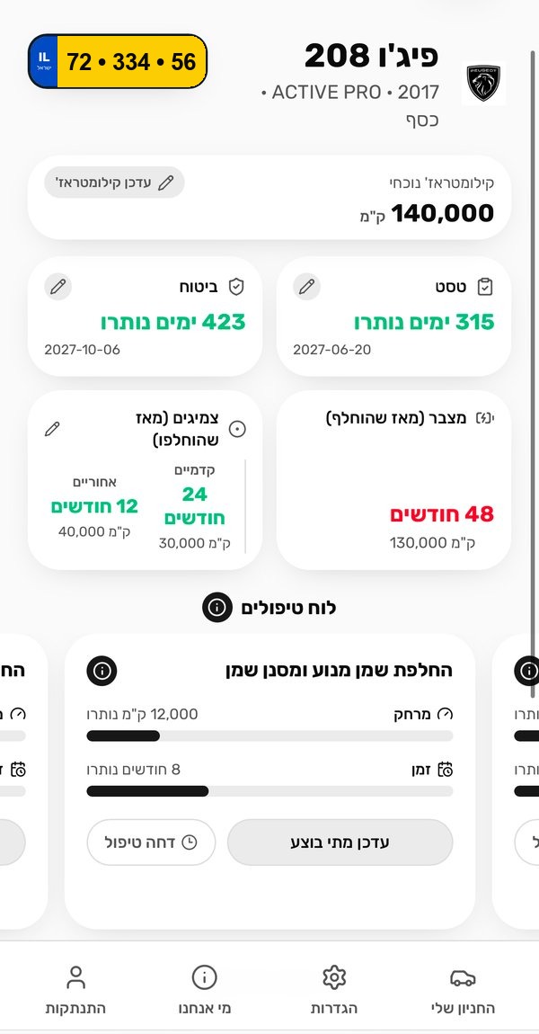 מסך הרכב באפליקציית Shasi